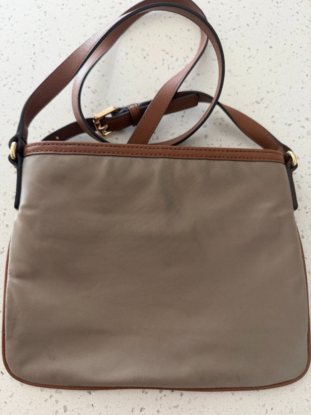 Michael Kors Taupe Nylon Crossbody Brown Saffiano Trim Gold MK Lock Charm